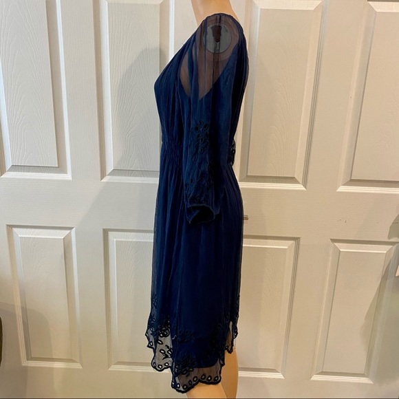 TRAFFIC NWT SZ S NAVY LINED DRESS W LACE SLEEVES - Picture 5 of 12